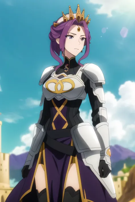 (Day:1.5),a castle with towers and towers on top of a hill with trees and clouds in the background and a blue sky,
Standing at attention,
purple and white outfit,armored dress,shoulder armor, armor,armored boots,
purple_hair, purple_eyes, jewelry, earring...