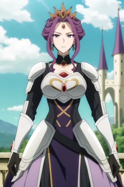 (Day:1.5),a castle with towers and towers on top of a hill with trees and clouds in the background and a blue sky,
Standing at attention,
purple and white outfit,armored dress,shoulder armor, armor,armored boots,
purple_hair, purple_eyes, jewelry, earring...