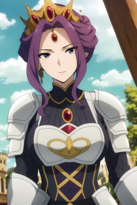 (Day:1.5),a castle with towers and towers on top of a hill with trees and clouds in the background and a blue sky,
Standing at attention,
purple and white outfit,armored dress,shoulder armor, armor,armored boots,
purple_hair, purple_eyes, jewelry, earring...