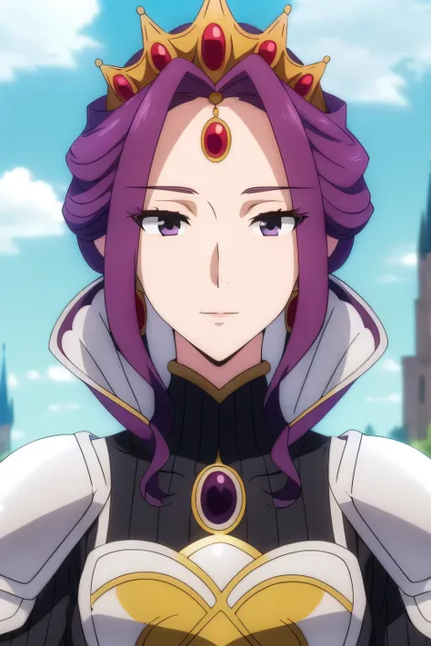 (Day:1.5),a castle with towers and towers on top of a hill with trees and clouds in the background and a blue sky,
Standing at attention,
purple and white outfit,armored dress,shoulder armor, armor,armored boots,
purple_hair, purple_eyes, jewelry, earring...