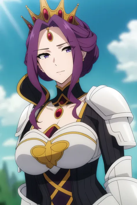 (Day:1.5),a castle with towers and towers on top of a hill with trees and clouds in the background and a blue sky,
Standing at attention,
purple and white outfit,armored dress,shoulder armor, armor,armored boots,
purple_hair, purple_eyes, jewelry, earring...