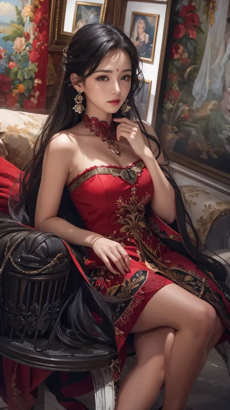 ((Best Quality)),( super high definition),(Super detailed),( detailed description ),(( best CG )),(masterpiece), Highly Detailed Art ,( Art with Precise Details:1.5), (Adult female:1.5), Red Dress with Deep Cuts, Strapless , sleeveless, deep cleavage, smoo...