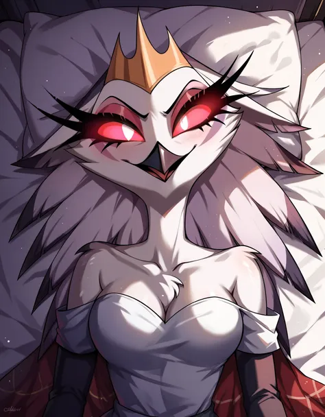 score_9, score_8_up, score_7_up, source_furry, rating_safe, stella, stella from helluva boss on a bed, owl demon, beak, pov,