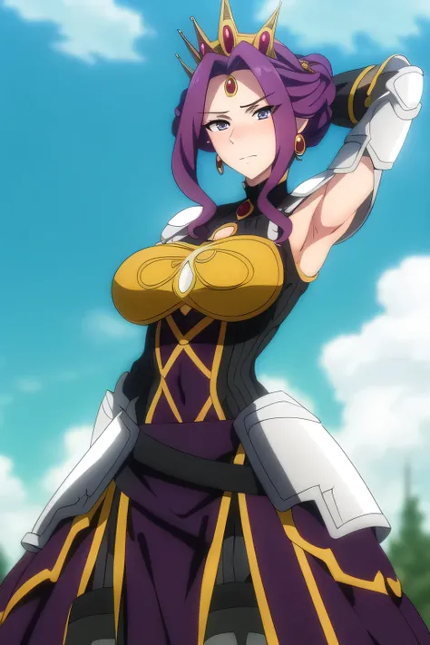 (Day:1.5),a castle with towers and towers on top of a hill with trees and clouds in the background and a blue sky,
Standing at attention,
purple and white outfit,armored dress,shoulder armor, armor,armored boots,
purple_hair, purple_eyes, jewelry, earring...