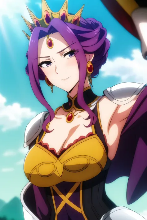 (Day:1.5),a castle with towers and towers on top of a hill with trees and clouds in the background and a blue sky,
Standing at attention,
purple and white outfit,armored dress,shoulder armor, armor,armored boots,
purple_hair, purple_eyes, jewelry, earring...