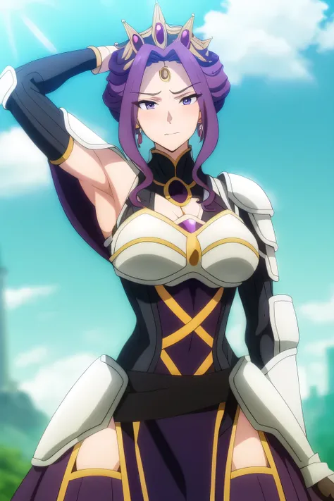 (Day:1.5),a castle with towers and towers on top of a hill with trees and clouds in the background and a blue sky,
Standing at attention,
purple and white outfit,armored dress,shoulder armor, armor,armored boots, 
purple_hair, (purple_eyes), jewelry, earri...