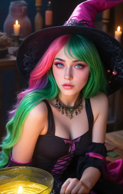 a beautiful young witch with long green and pink hair wearing a hat, magical girl, beautiful detailed eyes, beautiful detailed lips, extremely detailed eyes and face, long eyelashes, detailed fantasy character, colorful fantasy art, dynamic pose, intricate...