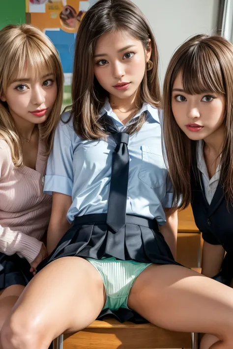 8k,  RAW Portrait 、(   photorealistic :1.4)、 ( Japanese Women),masterpiece、Realistic:1.3、Realistic,    Ultra-fine ,    best quality , Real Life Photos ,( dusk:1.2),  In the classroom、   sexy latino  、 knee socks、 pleated skirt 、
(((( 2 girls:1.5)))), (((Tw...