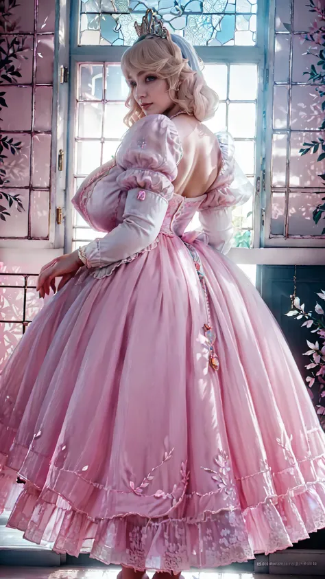high quality,8K,high resolution, house wife pov from behind,1 personality,tall,realistic texture,Much Muchi,cute smile,one hand on back head,(Plump body 8),(super huge big breasts,(beautiful princess Cinderella, pink long frock)(cotton or silk designe),(Ci...