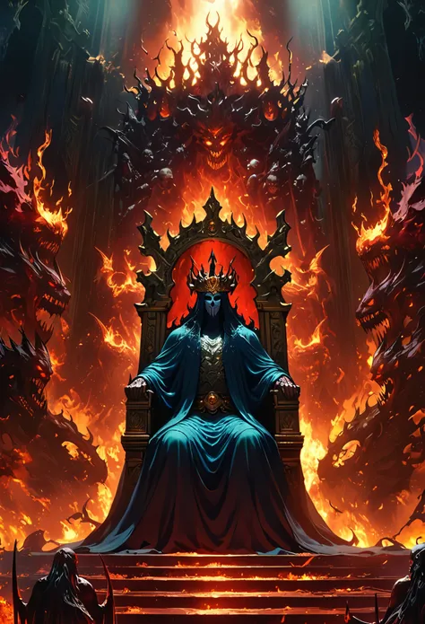 (extremely detailed CG unity 8k wallpaper, masterpiece, best quality, ultra-detailed), (Heaven: 0.6 + Hell + Ghost: 1.2 + Hades: 1.5+ Underworld: 1.4), King of Yan, Throne, Crown, Green Clothes, Mask, Dill Red Light, Flames, Underworld Background, HD Sharp...