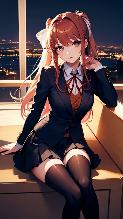 monika from ddlc; aesthetic; bohemian; realistic; skirt; stockings; skinny fit; sitting honor pose; emo; staring on foreground; shinny and bright eyes; night school background; Dark fantasy ; focus on hips; goddess; solo girl; katana; piano