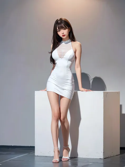 girl, bangs,(pure white wacky dress :1.3, pure white fantastic dress:1.1),  gray background,  hair between eyes, big breasts,   ...