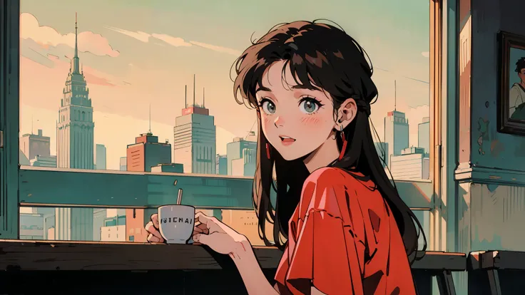 Best Quality, 8k, 1990s Style, 2010s hairstyle , 21 year old girl,  Black Hair , Long Hair,   I cant control my light brown eyes ,  city pop, red long dress, in the cafe,  wear big headphones,  upper body,  are staring at me,  embarrassing, Blush the cheek...