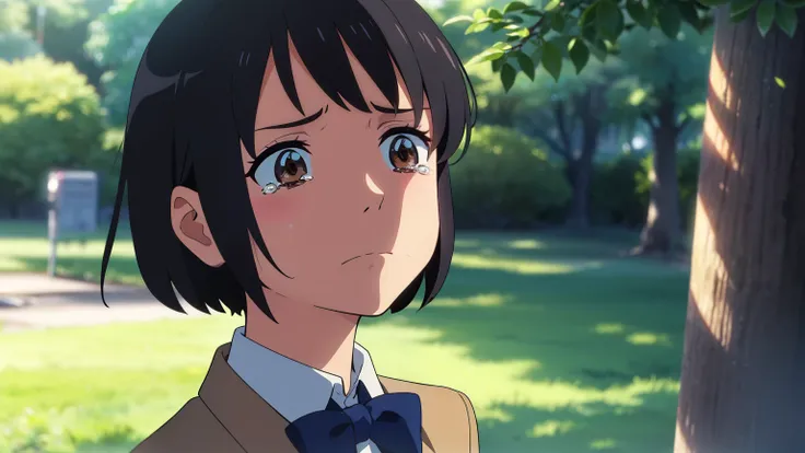 Makoto Shinkai, You are here.,  1 girl, bangs, Black Hair ,  Brown Eyes , shiny skin, No ribbon, blue bow, New social person,  Navy Blue Jacket, evening, Close-up of profile, sad expression ,tree々Overgrown Park ,  short hair, cute, Alone, ,並tree道, street t...