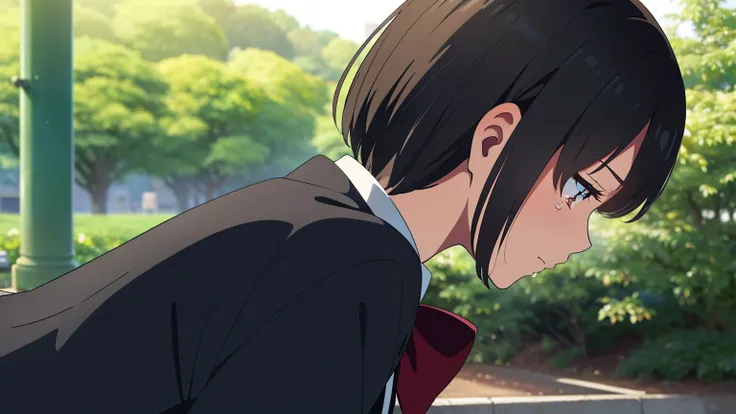 Makoto Shinkai, You are here.,  1 girl, bangs, Black Hair ,  Brown Eyes , shiny skin, No ribbon, blue bow, New social person,  Navy Blue Jacket, evening, Close-up of profile, sad expression ,tree々Overgrown Park ,  short hair, cute, Alone, ,並tree道, street t...