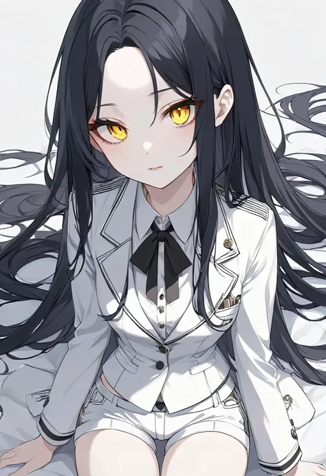 Anime girl with long black hair, yellow eyes, white suit, white shorts, pale skin, 