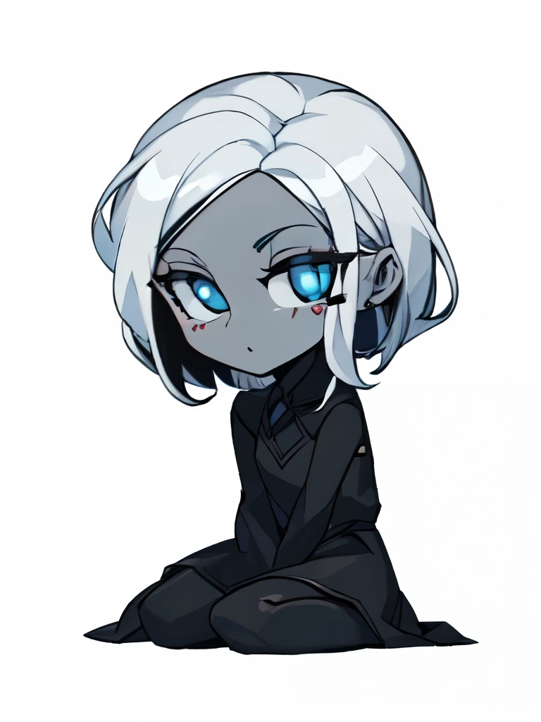 (digital art) (masterpiece) (best quality) (perfect anatomy), drow, female chibi, white hair, blue eyes, looking at camera, plain background, black grey skin, female drow, chibi, chibi sticker, cute, black dress, full body