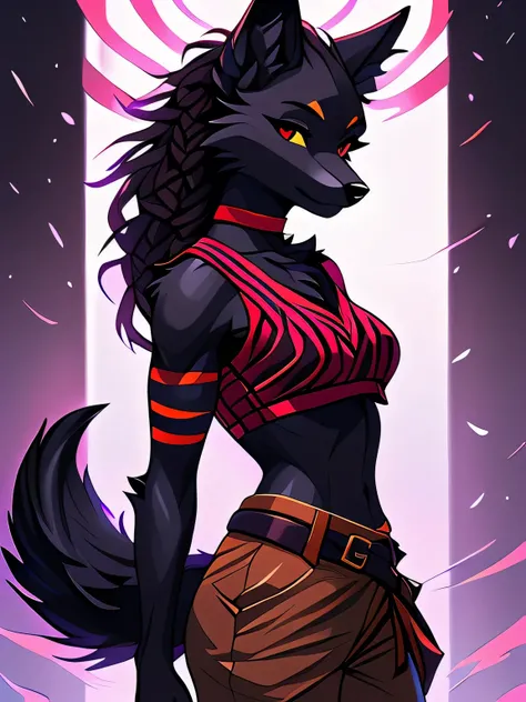 Solo, sfw, Young Female black wolf (((lean-body))) (((medium breasts))) (short snout),(((fur (red stripe) between neck and shoulder towards chest))) ((fur (red stripes) on waist))(ears are darker), (slitted pupils (red eyes)), (wolf tail (red at end)), (am...