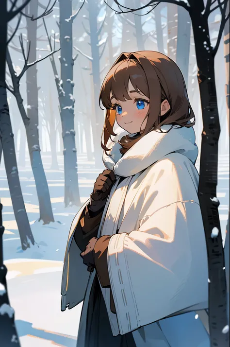 A young girl with light brown hair in a winter forest, blue eyes, surrounded by snow-covered trees. She wears simple, modest winter clothing—a warm, plain cloak and simple gloves. She has a gentle smile on her face, her expression bright and friendly as sh...