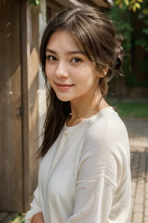  of a young woman with slightly tousled medium length dark hair in a loose side ponytail Realistic images。、The expression is warm and bright 、 has a gentle smile 。This image is、 and leaves a slightly illustrative texture 、 The soft lighting and smooth, bea...