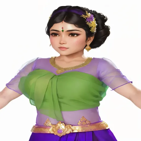  khmer a girl in a purple and green dress with a flower in her hair, inspired by T. K. Padmini, wearing sari, with fluent cloths, wearing a sari, dressed in a sari, upper body avatar, 3d character realistic, wearing a blouse, sari, realistic maya, with lov...