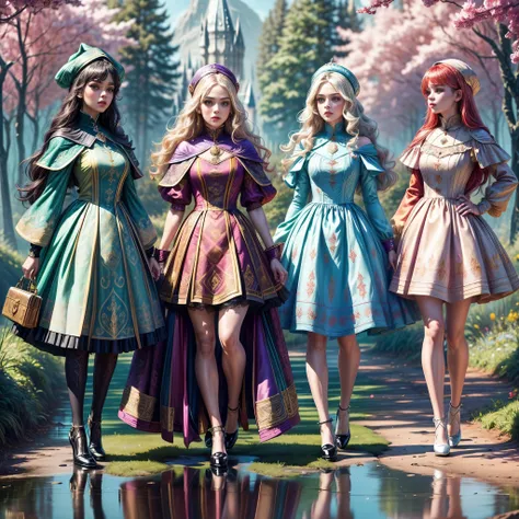 ((full body shot):1.5), a group of women,((Hogwarts style):1.3), in elegant Classic Lolita Princess mini Dress,( high waisted short dress :1.2), ((Standing and posing by a forest lake)), Bimbo,  (Muticolored:1.4), (Wear dresses of different colors:1.2),Mar...