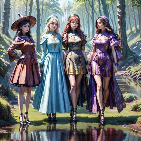 ((full body shot):1.5), a group of women,((Hogwarts style):1.3), in elegant Classic Lolita Princess mini Dress,( high waisted short dress :1.2), ((Standing and posing by a forest lake)), Bimbo,  (Muticolored:1.4), (Wear dresses of different colors:1.2),Mar...