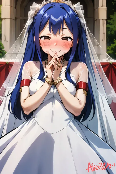 NSFW,masterpiece,Best Quality, Hi-Res, very detailed,Wendy(Fairy Tail), long hair、 twin tails,紺色の髪、Hair accessories、( in her wedding dress :1.5)、Bracelet、 Bracelets,(Embarrassed:1.3),(blush:1.5),(smile:1.5),church,cross