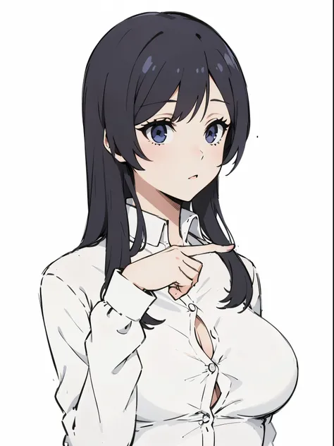 anime girl with short hair, wearing white shirt, big boobs, long sleeve, collar open, collar bone, buttons open , pointing finge...