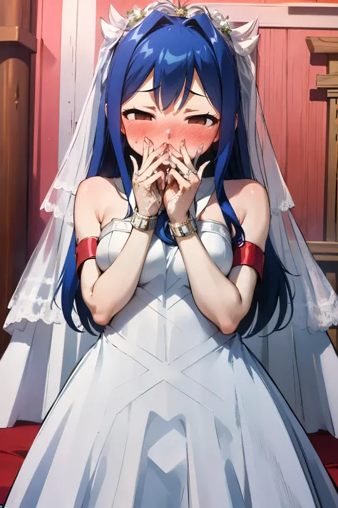 NSFW,masterpiece,Best Quality, Hi-Res, very detailed,Wendy(Fairy Tail), long hair、 twin tails,紺色の髪、Hair accessories、( in her wedding dress :1.5)、Bracelet、 Bracelets,(Embarrassed:1.3),(blush:1.5),church,cross