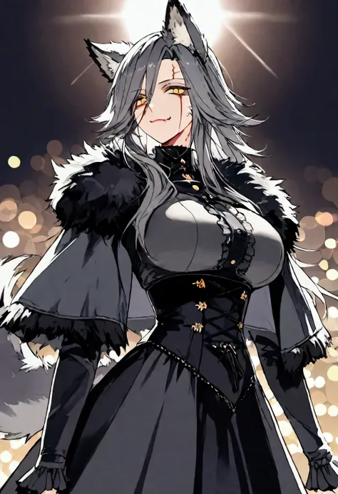 ultra detailed illustration in anime style of a woman with sharp golden eyes, apricot skin, gothic dark gray fur clothes, wolf e...