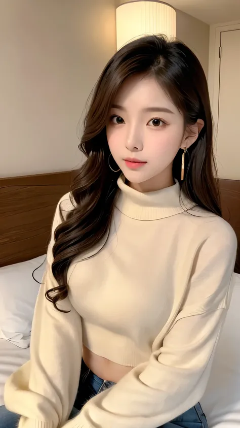  Anatomically Correct 5-Finger 　young korean woman in a sweater タートルネックセーター　 wavy hair 　 earrings for a woman alone　Sensual body　Very attractive and beautiful　 chest that seems to break　 tight sweater　 looking at camera　 sexy look　 woman sitting on a bed 　...