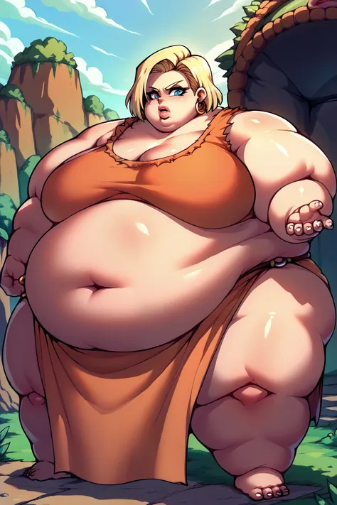 girl becoming a monster, becoming a troll, fat, chubby, obese, fabric clothes, loincloth , 1girl, android 18, blonde hair, blue ...