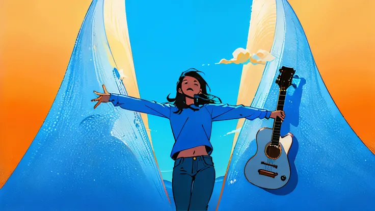 Vast Mountain　 Beautiful Streetscapes　Under the bright blue sky，woman，Back Shadow，Medium to long hair， wear a long sleeve white shirt and blue jeans， with the guitar and arms raised in the air ,  music is life , Carrying a guitar, Holding a guitar , Singer...