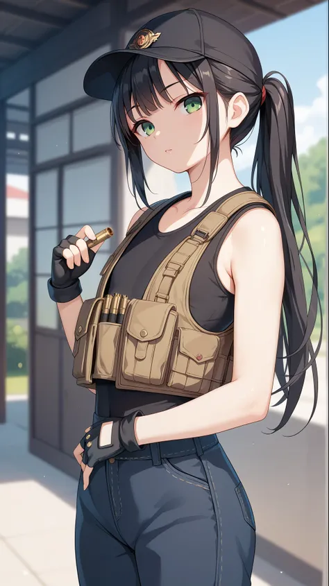 ((Best Quality)),masterpiece,detailed, Beautiful girl anime style, Standing, solo, 1 girl, 18 yo, looking at viewer, too thin body, pale skin, flat chest, slanted eyes, long hair, black hair, green eyes, ponytail, clothed, black Fingerless gloves, bullet p...