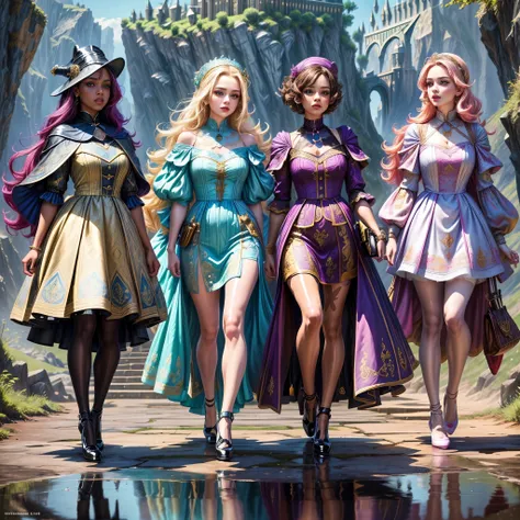 ((full body shot):1.5), a group of women,((Hogwarts style):1.3), in elegant Classic Lolita Princess mini Dress,( high waisted short dress :1.2), ((Standing and posing on a steep cliff)), Bimbo,  (Muticolored:1.4), (Wear dresses of different colors:1.2),Mar...