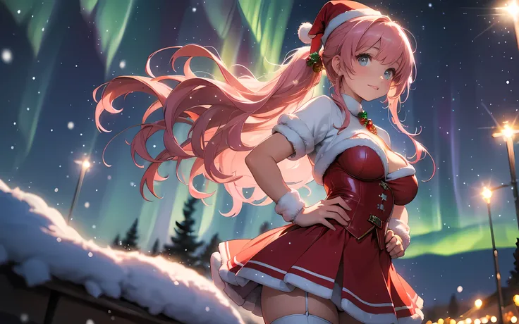 a beautiful young magical girl with extremely large breasts, cleavage, tight red corset, red skirt with white fluffy hem, red santa hat with small bell at the end and fluffy white rim, white stockings with thigh-high red leather high-heeled boots, long wav...