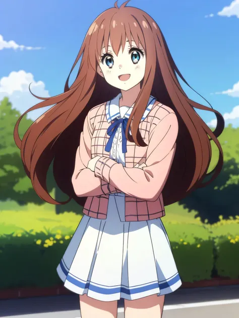 Ai shindou, 1girl, solo, long hair, floating hair, white skirt, brown hair,  city clothes, blue sea eyes, plaid, open mouth, smile, plaid skirt, ribbon, cowboy Shot,
In a park, in a mall,
masterpiece, high quality, very_high_resolution, large_filesize, ful...