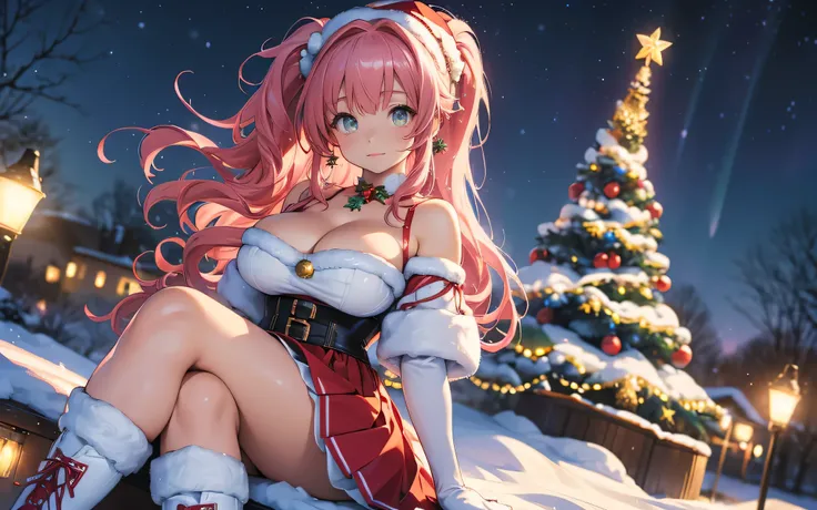 a beautiful young magical girl with extremely large breasts, cleavage, tight red corset, red skirt with white fluffy hem, red santa hat with small bell at the end and fluffy white rim, white stockings with thigh-high red leather high-heeled boots, long wav...