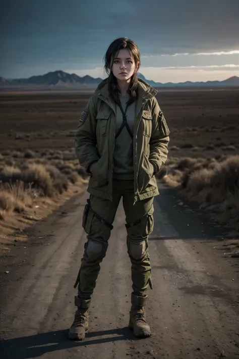 Full-body image of Lyra Hart, a strong, determined female protagonist with short dark hair and striking green eyes. She appears resilient and practical, wearing a rugged outfit suited for survival in a harsh, apocalyptic environment. Her attire includes a ...