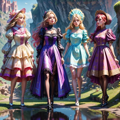 ((full body shot):1.5), a group of women,((researcher style):1.3), in elegant Classic Lolita Princess mini Dress,( high waisted short dress :1.2), ((Standing and posing on a steep cliff)), Bimbo,  (Muticolored:1.4), (Wear dresses of different colors:1.2),M...