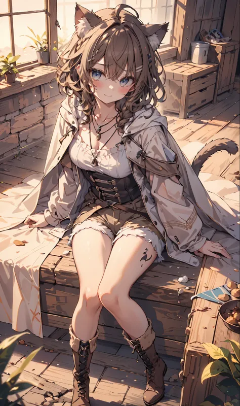 masterpiece, 1 girl, sparrow, a brown haired girl, wearing a medieval priestess clothes, curly short hair, messy hair, slim body...