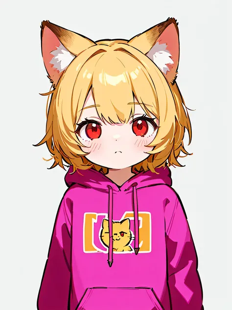  one girl playing pranks,Blonde,Red eyes,Golden cat ears,Best Quality,Character portrait, illustration style,Purple hoodie, Hi-Res, simple background, character design drawing that fits in a frame, Short Hair,whole body