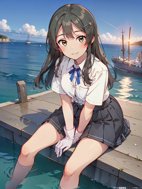 oyashiokc,long hair, kancolle official art, konishi, hairclip ,unbuttoned white shirt, blue ribbon, short sleeves, black skirt, ...