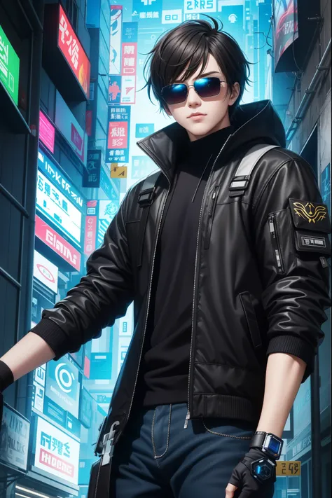 cyberpunk anime style, Hacker, cyber augments, sunglasses