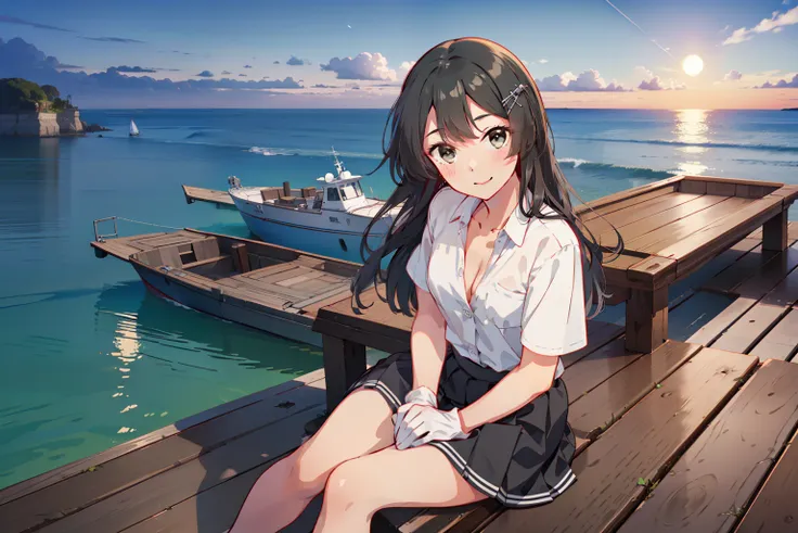 oyashiokc,long hair, kancolle official art, blue ribbon, konishi, hairclip ,unbuttoned white shirt, cleavage, short sleeves, bla...