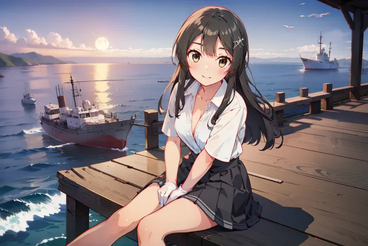 oyashiokc,long hair, kancolle official art, blue ribbon, konishi, hairclip ,unbuttoned white shirt, cleavage, short sleeves, bla...