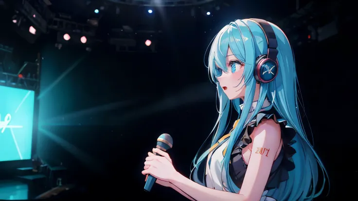 32K,Best Quality、High image quality、film quality、 male and female couple 、a beautiful detailed vocaloid girl with long light white blue hair, singing on a futuristic concert stage, wearing high-tech headphones, microphone in hand, ultra-detailed, 8k, photo...