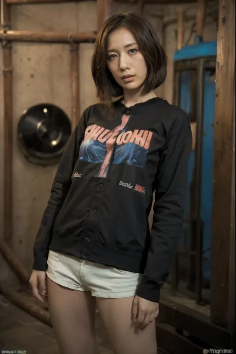 photo, (Reality: 1.4), (Surrealism: 1.4), (Movie: 1.5), Female in her 20s, Japan, Female Agent, night, Blu-ray, nervous, short hair, basement,Wires on the wall, water pipe