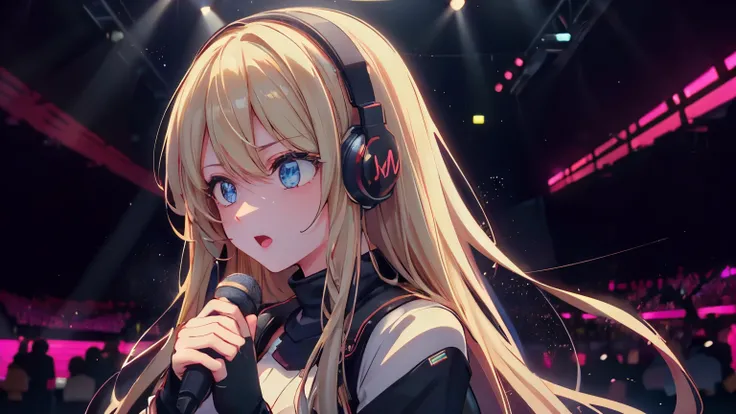 32K,Best Quality、High image quality、film quality、 male and female couple 、a beautiful detailed vocaloid girl with long light white Brawn hair, singing on a futuristic concert stage, wearing high-tech headphones, microphone in hand, ultra-detailed, 8k, phot...